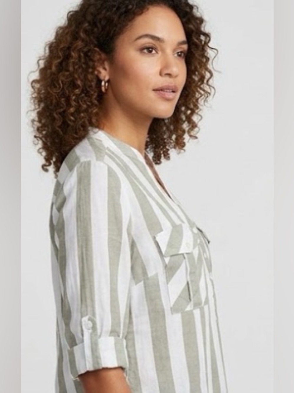 EDEN&OLIVIA TOP BEIGE/WHITE STRIPED LADIES BLOUSE ROLL UP 3/4 SLEEVES